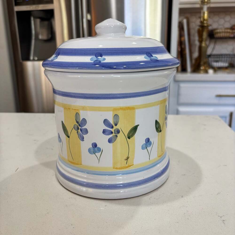 Caleca Italy Marina Blue and Yellow Floral Hand Painted Large Ceramic Canister w